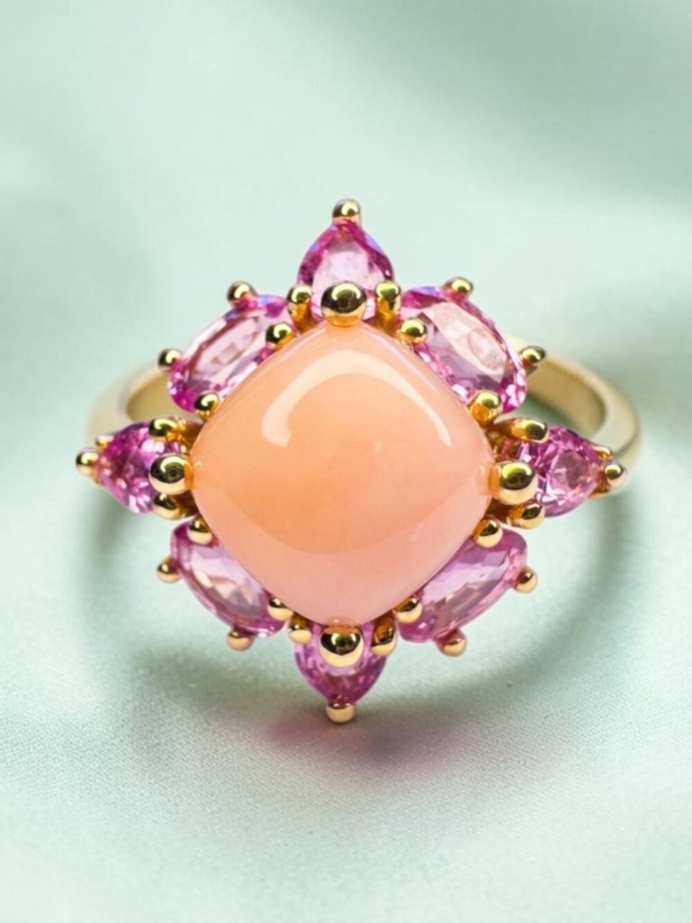 14K Gold Natural Peruvian Pink Opal & Pink Sapphire Ring 3.87ct Cirari 4.4g sz 8